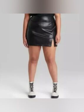 NWT- Medium Wild Fable Black Faux Leather Mini Skirt with Side Slit